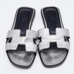 Hermes Silver Leather Oran Slide Flats Size 35.5