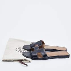 Hermes Black Leather Oran Sandals Size 37.5