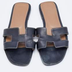 Hermes Black Leather Oran Sandals Size 37.5