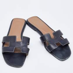Hermes Black Leather Oran Sandals Size 37.5