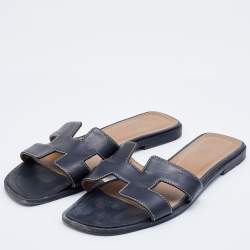 Hermes Black Leather Oran Sandals Size 37.5