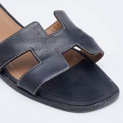 Hermes Black Leather Oran Sandals Size 37.5