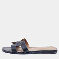 Hermes Black Leather Oran Sandals Size 37.5