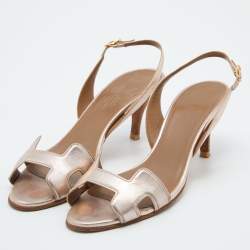 Pre Owned Hermes Metallic Bronze Leather Night Slingback Sandals Size 36.5
