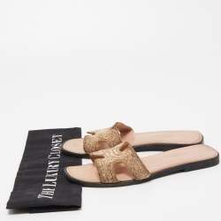 Hermes Metallic Gold Twisted Metal Thread Oran Slide Flats Size 36