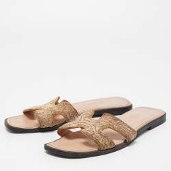 Hermes Metallic Gold Twisted Metal Thread Oran Slide Flats Size 36