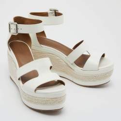 Pre Owned Hermes White Patenr Leather Ilana Espadrille Wedge Sandals Size 38.5
