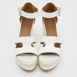Pre Owned Hermes White Patenr Leather Ilana Espadrille Wedge Sandals Size 38.5