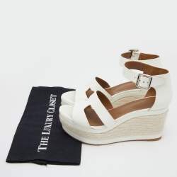 Pre Owned Hermes White Patenr Leather Ilana Espadrille Wedge Sandals Size 38.5