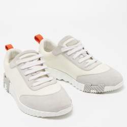 Hermes White/Grey Suede and Mesh Bouncing Sneakers Size 39