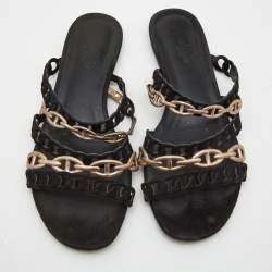 Hermes Black/Gold Suede and Leather Tandem Flat Slides  Size 39