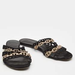 Hermes Black/Gold Suede and Leather Tandem Flat Slides  Size 39