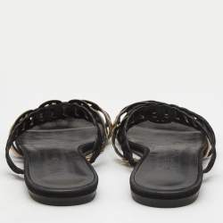 Hermes Black/Gold Suede and Leather Tandem Flat Slides  Size 39