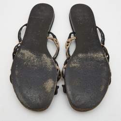 Hermes Black/Gold Suede and Leather Tandem Flat Slides  Size 39