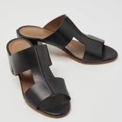Hermes Black Leather Ostia Slide Sandals Size 36