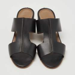 Hermes Black Leather Ostia Slide Sandals Size 36