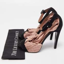 Pre Owned Hermes Black/Beige Suede and Fabric Ankle Strap Sandals Size 37