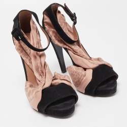 Pre Owned Hermes Black/Beige Suede and Fabric Ankle Strap Sandals Size 37