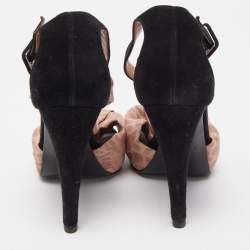 Pre Owned Hermes Black/Beige Suede and Fabric Ankle Strap Sandals Size 37