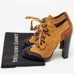 Hermes Tricolor Suede Brogue Detail Lace Up Booties Size 37