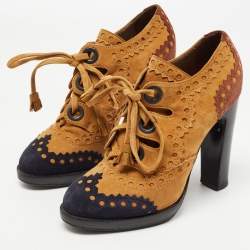 Hermes Tricolor Suede Brogue Detail Lace Up Booties Size 37