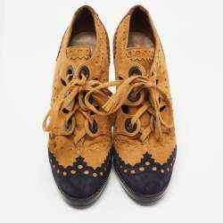 Hermes Tricolor Suede Brogue Detail Lace Up Booties Size 37
