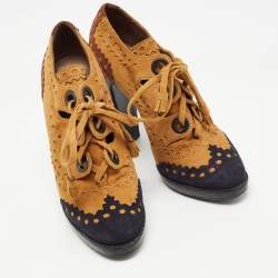 Hermes Tricolor Suede Brogue Detail Lace Up Booties Size 37