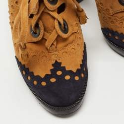Hermes Tricolor Suede Brogue Detail Lace Up Booties Size 37