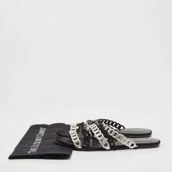 Pre Owned Hermes Black/Silver Suede and Leather D'ancre Chaine Flat Slides Size 40