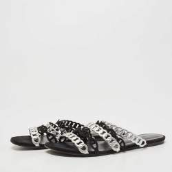 Pre Owned Hermes Black/Silver Suede and Leather D'ancre Chaine Flat Slides Size 40