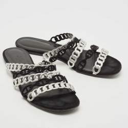 Pre Owned Hermes Black/Silver Suede and Leather D'ancre Chaine Flat Slides Size 40