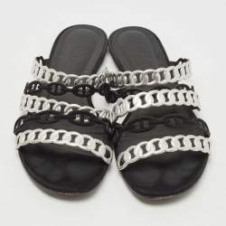 Pre Owned Hermes Black/Silver Suede and Leather D'ancre Chaine Flat Slides Size 40