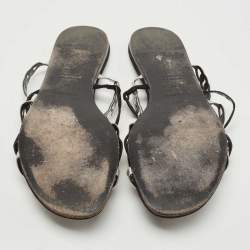 Pre Owned Hermes Black/Silver Suede and Leather D'ancre Chaine Flat Slides Size 40