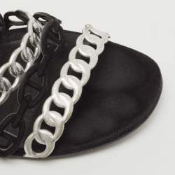 Pre Owned Hermes Black/Silver Suede and Leather D'ancre Chaine Flat Slides Size 40