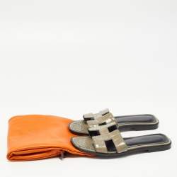 Pre Owned Hermes Grey Crocodile Oran Slide Flats Size 36.5 