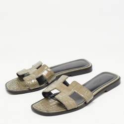 Pre Owned Hermes Grey Crocodile Oran Slide Flats Size 36.5 