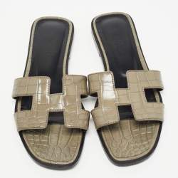 Pre Owned Hermes Grey Crocodile Oran Slide Flats Size 36.5 