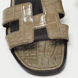 Pre Owned Hermes Grey Crocodile Oran Slide Flats Size 36.5 