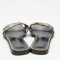 Pre Owned Hermes Grey Crocodile Oran Slide Flats Size 36.5 