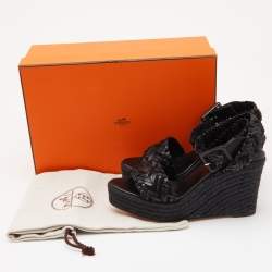 Pre Owned Hermes Black Woven Leather and Suede Sophia Espadrille Sandals Size 37