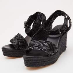 Pre Owned Hermes Black Woven Leather and Suede Sophia Espadrille Sandals Size 37