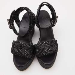 Pre Owned Hermes Black Woven Leather and Suede Sophia Espadrille Sandals Size 37