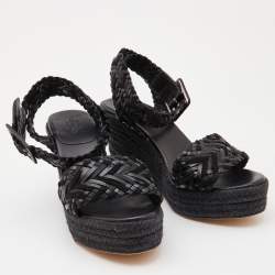 Pre Owned Hermes Black Woven Leather and Suede Sophia Espadrille Sandals Size 37