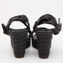 Pre Owned Hermes Black Woven Leather and Suede Sophia Espadrille Sandals Size 37