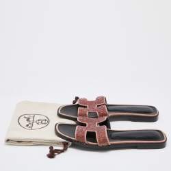 Hermes Pink Beads Embellished Leather Oran Flat Slides Size 35.5