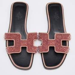 Hermes Pink Beads Embellished Leather Oran Flat Slides Size 35.5