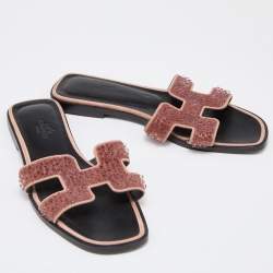 Hermes Pink Beads Embellished Leather Oran Flat Slides Size 35.5