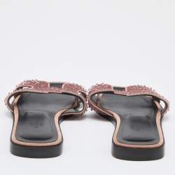 Hermes Pink Beads Embellished Leather Oran Flat Slides Size 35.5