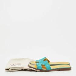 Hermes Blue Twisted Metal Fabric Oran Flat Slides Size 40.5