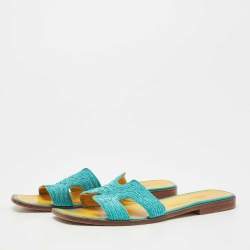 Hermes Blue Twisted Metal Fabric Oran Flat Slides Size 40.5